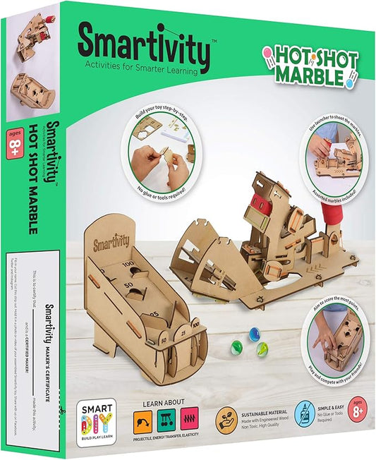 Smartivity Hot Shot Marble 3D Wooden Model Engineering STEM Learning Toy for Kids Ages 6 and Up includes Rubber Bands, Marbles, Engineered Wood Components, Instruction Manual, Learner's Log