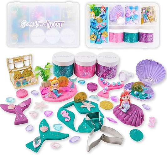 Sensationally OT Mermaid Sensory Dough Kit (3 Jars) Non-Toxic Dough with Cutters, Stampers, Coins, Pearls, Seahorses, Starfish, Treasure Box - Perfect Creative Play and Gift for Kids & Toddlers