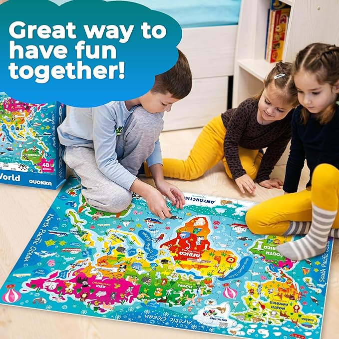 QUOKKA Giant Floor Puzzle for Kids Ages 4-6 – 2x3 Feet Extra-Thick 48 Pieces Toddler Puzzle Ages 3-5 – World Map Educational Activity for Boys Girls – Premium Box with Sturdy Handle & Magnetic Closure