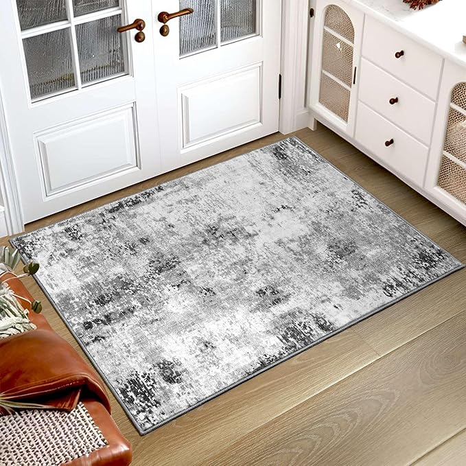 Entryway Rug 3x5 Grey Bedroom Area Rug Washable Non Slip Abstract Boho Rugs for Indoor Entry, Kitchen, Classroom, Bathroom, Kids Girls Room, Office, College Dorm Small Carpet