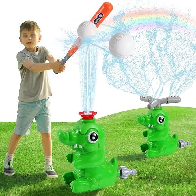 HeySplash Water Sprinkler Baseball Toy, 2 in 1 Water Spray Sprinkler Ball Set with 2 Detachable Sprinkler Heads, Outdoor Summer Toys Outside Toys for Toddlers and Kids, Green Crocodile