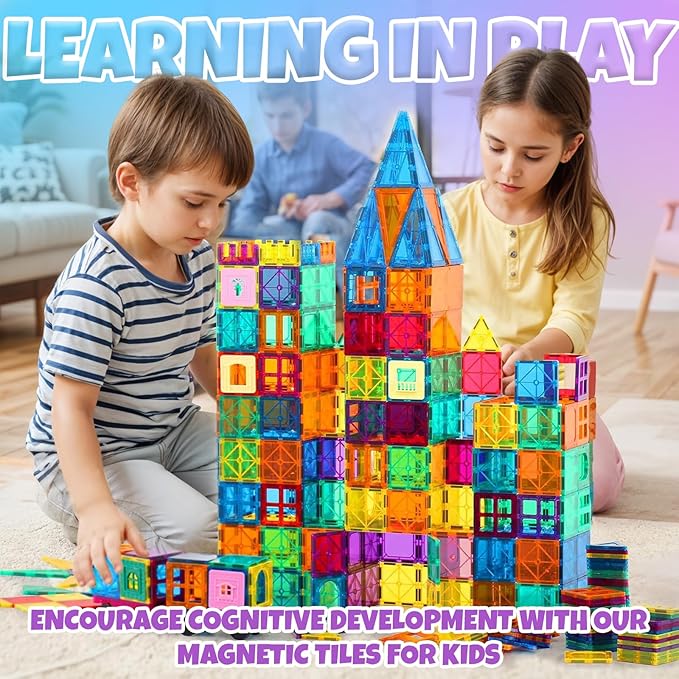 Magnetic Building Tiles for Kids, 100 Pcs Magnetic Building Blocks Set with 2 Cars, Construction Magna Tiles, STEM Sensory Stacking Educational Toys Gifts 3+ Girls and Boys