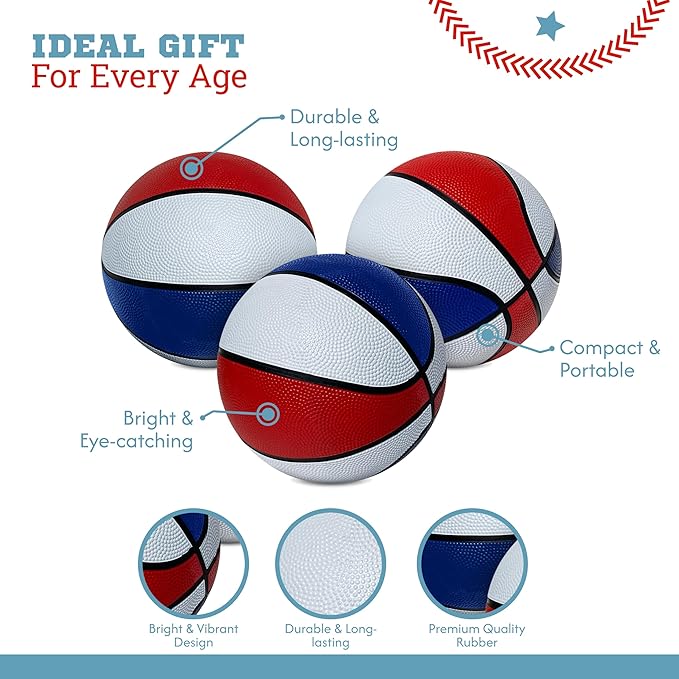 Botabee Red, White and Blue Mini Basketball Set Basketball Arcade Games - Size 3, 7” Junior Basketballs Suitable for Indoors, Outdoors and Arcade Basket Ball - 3 Pack