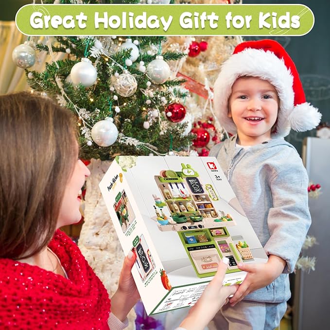 Kids Kitchen Playset Set, 63PCS Pretend Play Kitchen Toys for Toddlers, Cooking Stove with Steam Sound Light, Play Sink with Manual Faucet, Play Food Accessories Gift for Boys, 33’’H Green