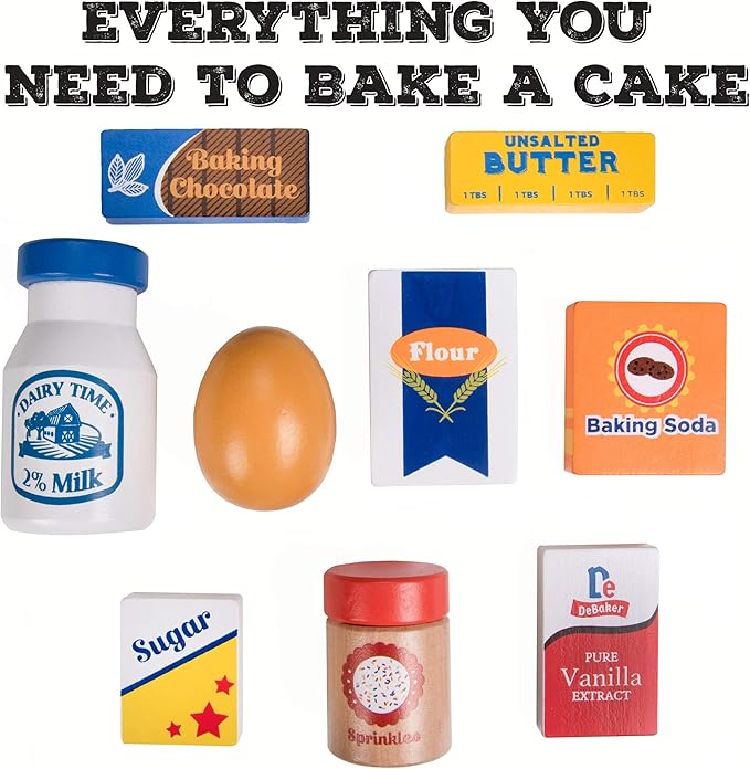 Baker's Mart Ingredient Set | Wooden Play Food Baking Groceries | Includes Baking Soda, Chocolate, Milk, Sugar, Vanilla, Flour, Sprinkles, Butter and Egg | Pretend Play Food Kitchen Accessories