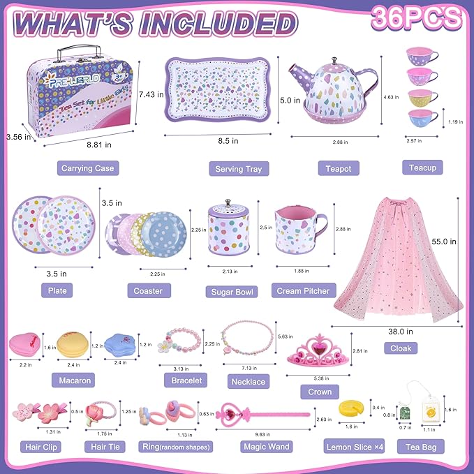 Tea Party Set for Little Girls,PRE-WORLD Princess Tea Time Toy with Food Sweet Treats Playsets,Dress Up Accessories Cloak Necklace Bracelet Jewelry Set, Kids Kitchen Pretend Play for Girls Age 3-6