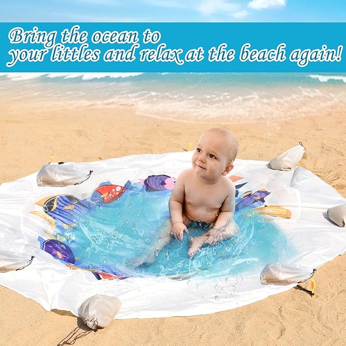 Dia 6.5Ft Baby Beach Pool, 2 in 1 Portable Round Kids Beach Play Pool Puddle Toddler Beach Blanket and Kiddie Pools Blue Cartoon Childs Sand Pit Paddling Pools with Water Bag for Boy Girl Outdoors