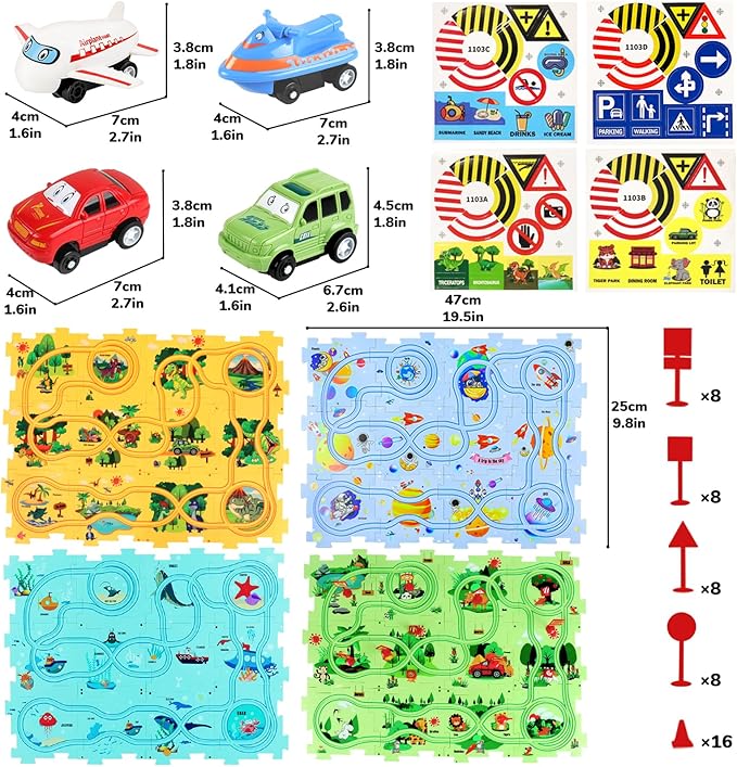 Puzzle Racer Kids Car Track Set, Kids Toys Boys 3-5, Toys for 2 3 4 5 6 Year Old Boys, Toys for Ages 2-4, Montessori Toys for 3+ Year Old, Fat Brain Toys(100Pcs, 4 Themes)