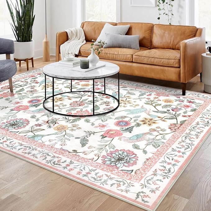 Floral Washable 8x10 Area Rug for Living Room, Soft Pink Large Girls Bedroom Non-Slip Low Pile Flower Birds Dining Room, Botanical Floor Carpet for Kids Classroom Office