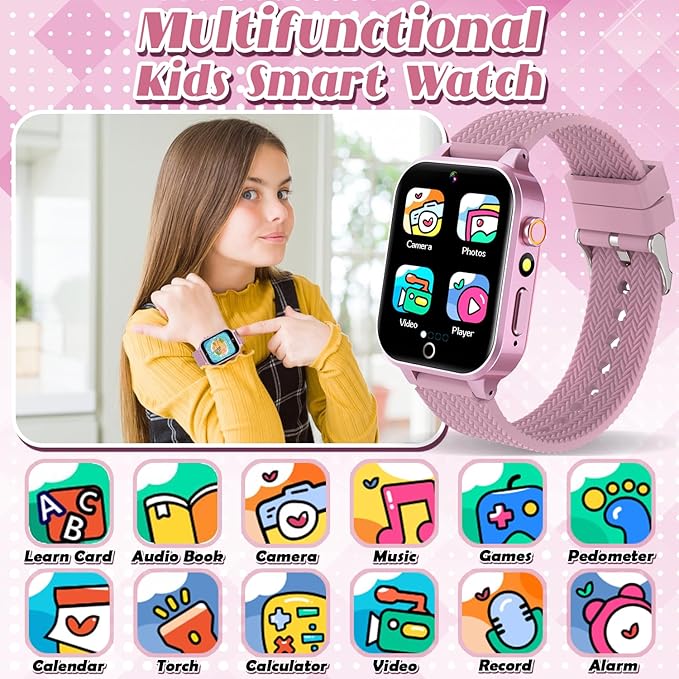 Smart Watch for Kids Girls Age 3-12 with 26 Puzzle Games HD Video Camera Touchscreen Music Player Learning Cards Storybook Pedometer Metal Case Kids Watch Toy Birthday Gifts Include 2 Screen Protector