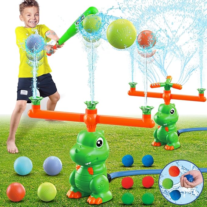 VATOS Water Sprinkler Baseball Outdoor Toy for Kids, 4 in 1 Dinosaur 360ยฐ Spin Sprinkler Water Tee-Ball & Ball, Summer Fun Play Games Outside Backyard Yard Garden Lawn for Toddlers Boys Girls