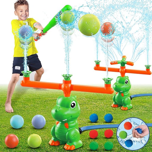 VATOS Water Sprinkler Baseball Outdoor Toy for Kids, 4 in 1 Dinosaur 360° Spin Sprinkler Water Tee-Ball & Ball, Summer Fun Play Games Outside Backyard Yard Garden Lawn for Toddlers Boys Girls