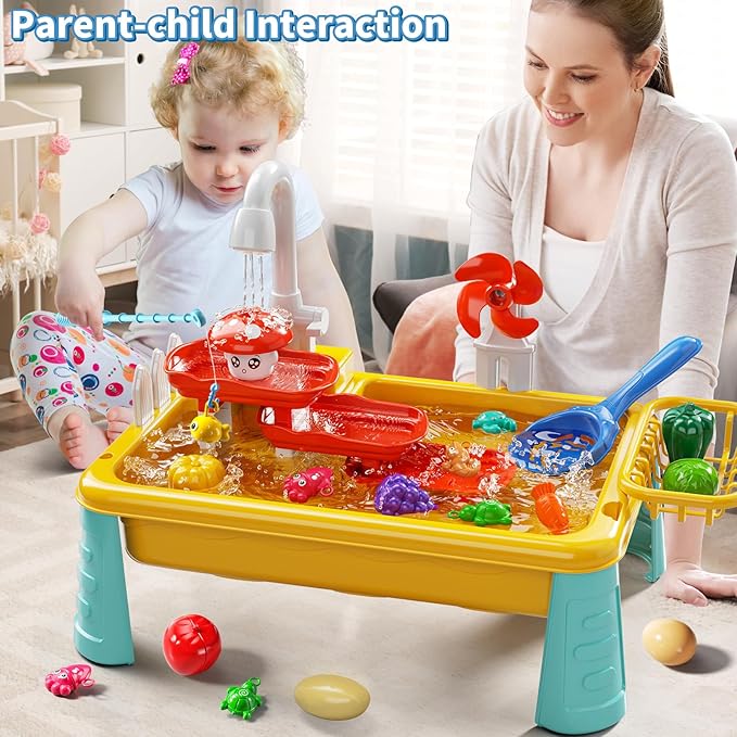 Water Table Toy for Kids 2 3 4 5 6 Years Old - Outdoor Kitchen Toys Set with Electrical Faucet, Toddler Fishing Games, Summer Beach Sensory Water Play Table, Gifts for Boy Girl 2+ 3-5(Yellow)