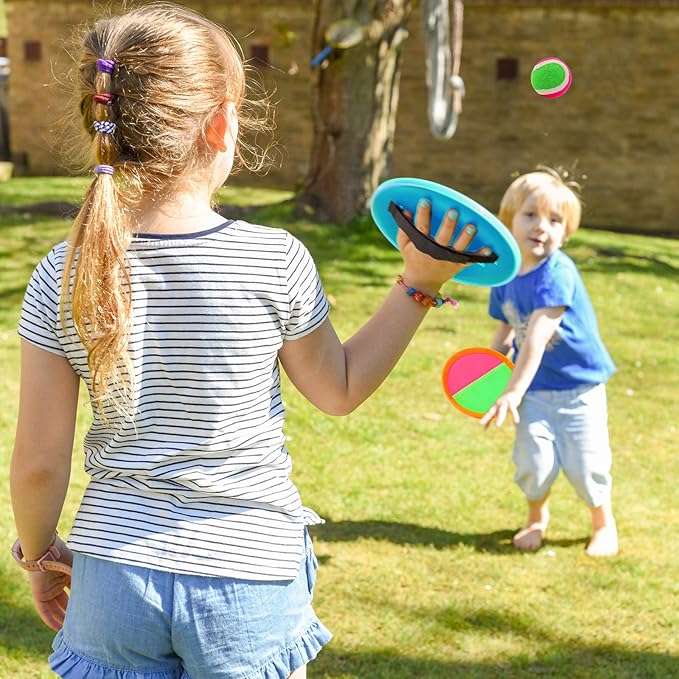 Kids Outdoor Toys - Toss and Catch Game Set, Outside Yard Camping Beach Pool Toys Games for Boys Girls 3 4 5 6 7 8 9 10 Year Old, 4 Paddles 4 Balls (Blue+Orange)