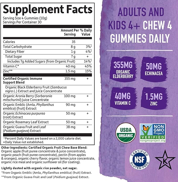 Garden of Life Organics Elderberry Gummies for Adults & Kids - Immune Support Supplement with Organic Fruit, Herbal Blend, Elderberry, Echinacea, Zinc, Vitamin C, 120 Vegan Gluten Free Gummies