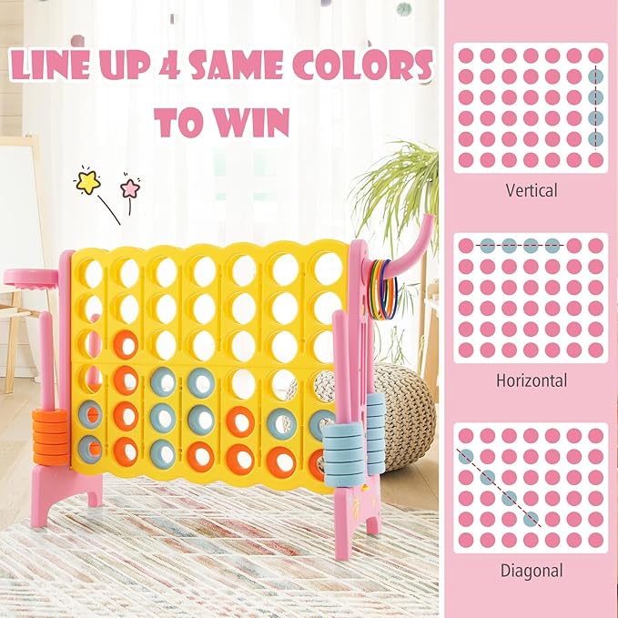 Costzon Giant 4-in-A-Row, Jumbo 4-to-Score Giant Game w/Basketball Hoop, Ring Toss, Quick-Release Slider, 42 Jumbo Rings, Indoor Outdoor Family Connect Game for Kids & Adults, Backyard Games