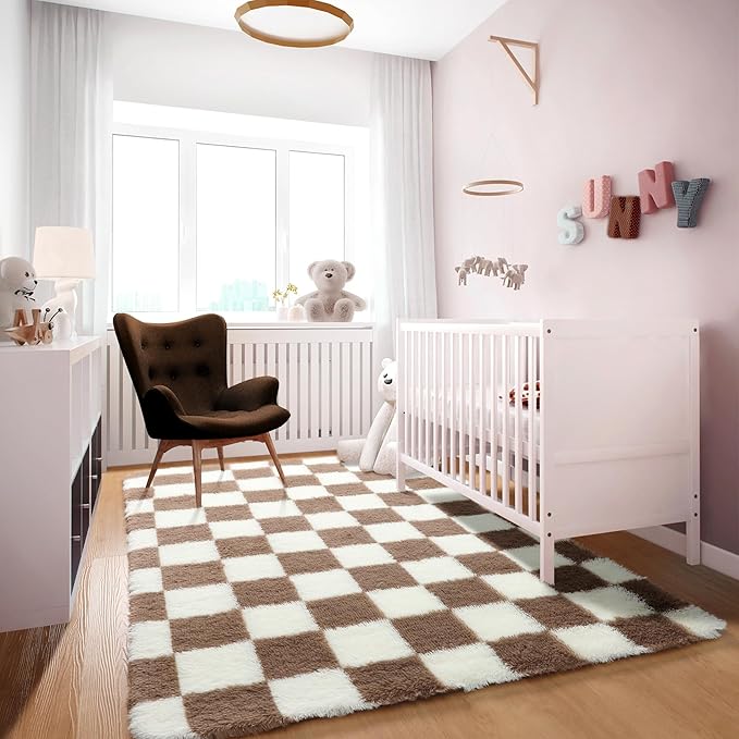 KICMOR 4x6 Brown and Cream White Area Rugs for Bedroom, Fluffy Shag Shaggy Fuzzy Checkered Living Room Rug, Soft and Comfy Bedside Carpet, Furry Plush Rug for Kids Room Nursery Home Decor Aesthetic