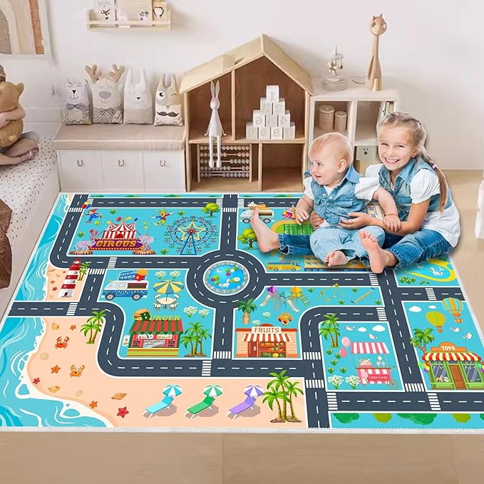 Kids Carpet Playmat Car Rug, Car Rug for Kids Toy Cars and Train, Non Slip Play Mat for Playroom Kids Room, City Life Educational Road Traffic Carpet for Classroom Nursery(Light Blue,47×71in)