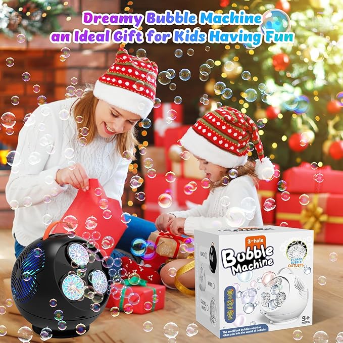 Bubble Machine for Kids Toddlers,45°/360° Automatic Rotation Spherical Bubble Maker Toy with RGB Light,Rechargeable Type-C Charge Bubble Blower,Outdoor Wedding Party Birthday Gifts (Black)