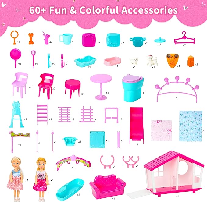 Doll House Portable & Foldable Dollhouse w/ 60+ Pcs & 2 Dolls, Play House Toy with Bedroom Bathroom Kitchen Furniture Playset, Playhouse Birthday Gift for Girl Kid Toddler