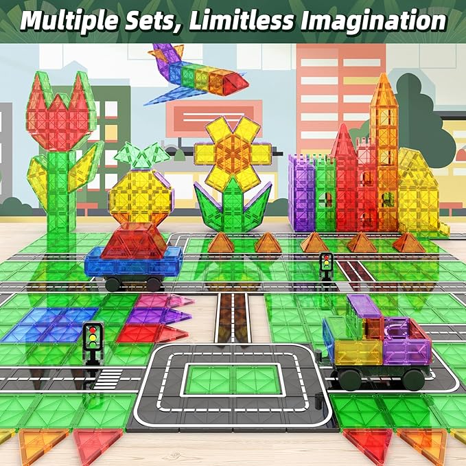 Magnetic Tiles Road Sets with Car Kits -Magnet Building Blocks Montessori Toys for Toddlers | Preschool Educational Sensory Construction Toys for Ages 3 4 5 6 7 Boys and Girls