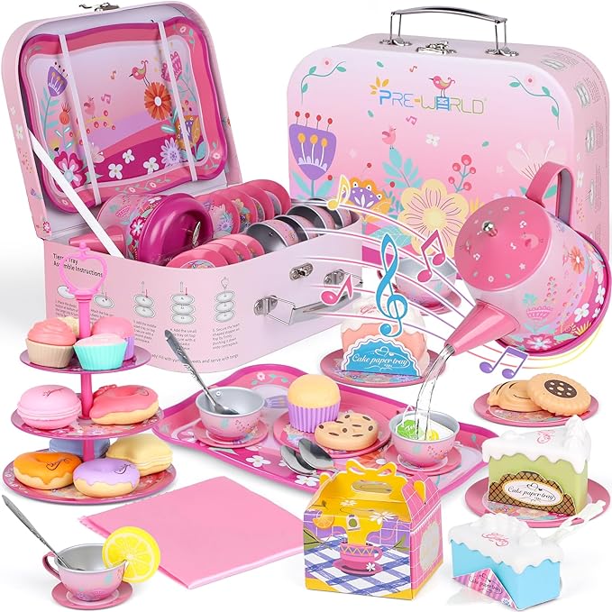Tea Party Set for Toddles 3-5,PRE-WORLD Musical Kids Tea Set for Little Girls with Dessert,Cookies,Doughnut,Cake,Cake Stand,Tablecloth & Carrying Case,Kitchen Pretend Play Toys for Girls Boys Age 3-6