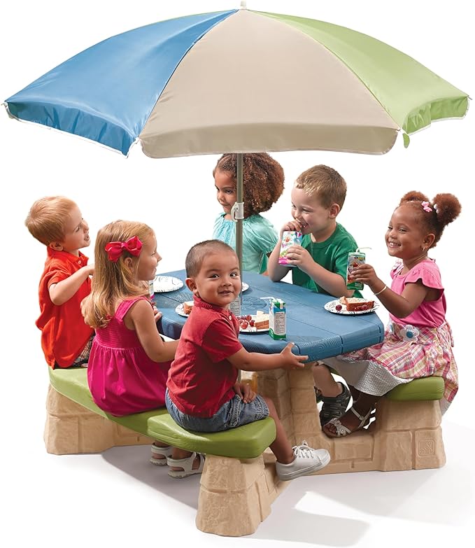 Step2 Naturally Playful Kids Picnic Table with Removable Umbrella, Indoor/Outdoor Toys, Fits 6 Children, Made of Durable Plastic, For Toddlers 3+ Years Old, Blue & Green