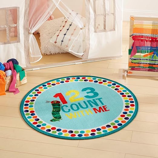 Eric Carle "The Very Hungry Caterpillar Elementary 123 Count with Me Kids Machine Washable Area Rug, Blue/White, 35" Round
