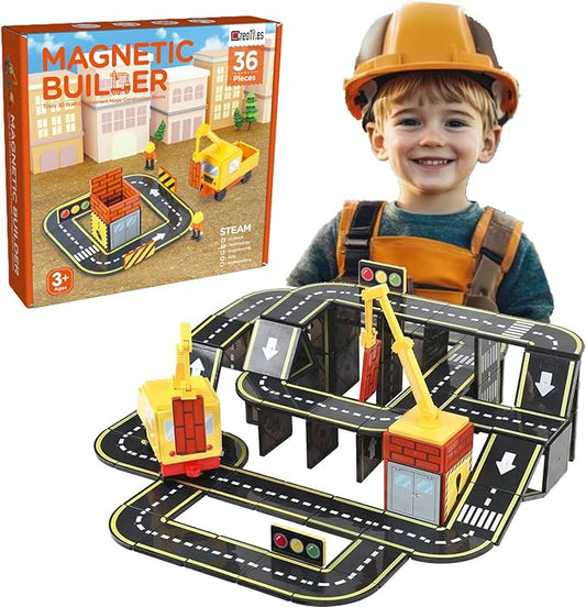 Car Road Track Magnetic Tiles & City Construction Builder Set with Crane and Figures – STEM Building Blocks Toy for Toddler Preschool Montessori Kids - Great Birthday Gift for Boys Ages 3-5 4-8 5-7