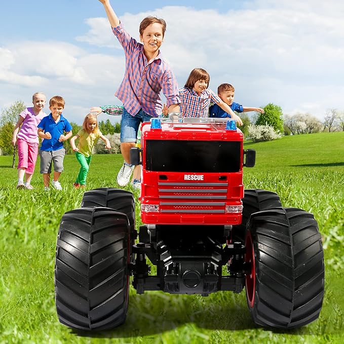 Remote Control Fire Truck Monster Truck Toy,1/18 RC Fire Truck,2.4GHz Offroad Hobby RC Racing Car with LED, High Speed, Best Gift for Kids