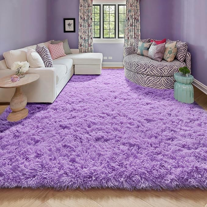 Purple Area Rugs for Girls Bedroom,5x8 Rug,Fluffy Shag Rug for Living Room,Thick Furry Rugs for Kids Room,Shaggy Throw Rug for Nursery,Playroom,Kawaii Fuzzy Plush Carpet,Cute Room Decor for Baby