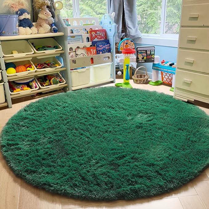 Amdrebio Dark Green Fluffy Round Rugs 5Ft for Bedroom, Thick Floor Circle Rug for Kids, Teens Room Decor, Furry Shag Area Rug for Living Room, Baby Nursery, Dorm, Fuzzy Plush Fur Emerald Green Carpet