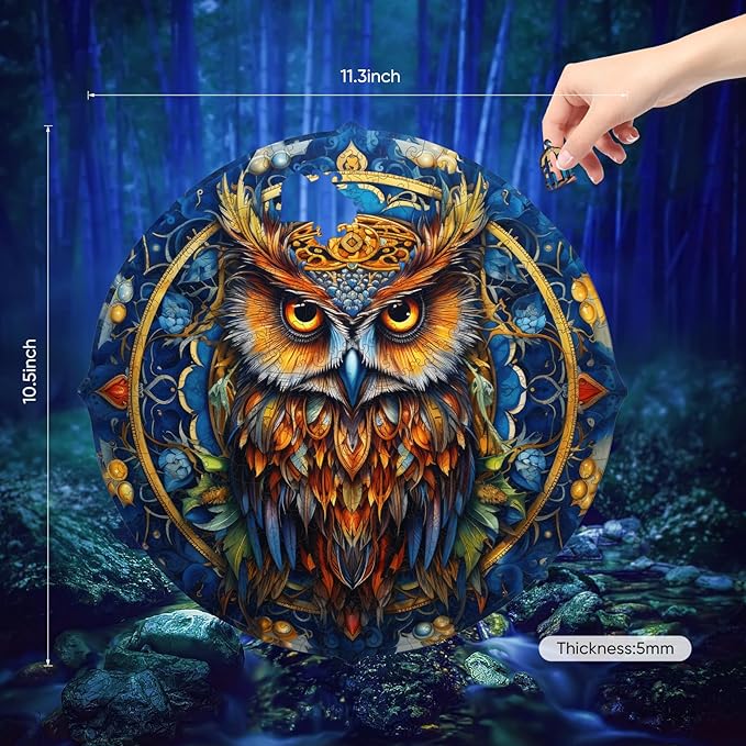 Royal Owl Wooden Jigsaw Puzzle for Adult and Kids 300 Pcs Unique Shape Multicolor Wood Storage Box Fun Challenge Brain Teaser Family Game Creative Gift for Friends Rompecabezas Madera