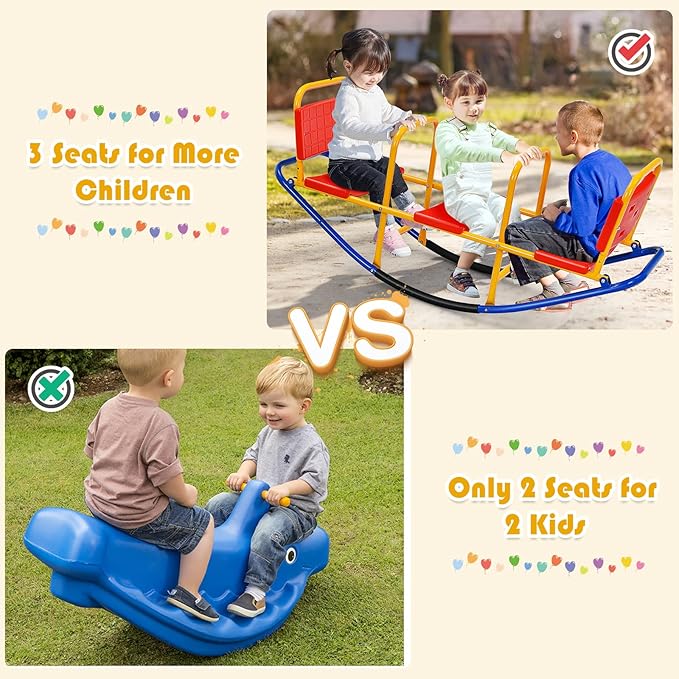 Costzon Teeter Totter Seesaw for Kids Outdoor, 2 in 1 Metal Rocking Seesaw for Toddlers with Easy-Grip Handles, Indoor Outdoor Rocker Toy Gifts for Ages 3-8, 1-3 Person Home Preschool Backyard See Saw