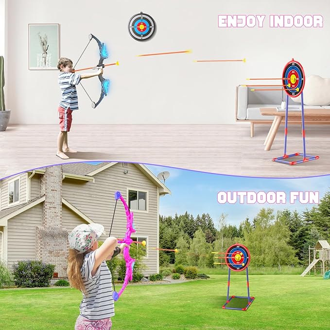 2 Pack Kids Bow and Arrow, 20 Suction Cup Arrows, 2 Archery Targets&Quiver, Light-up Set for Kids Ages 4-8 8-12, Indoor Outdoor Toys for Boys Girls, (Black & Pink