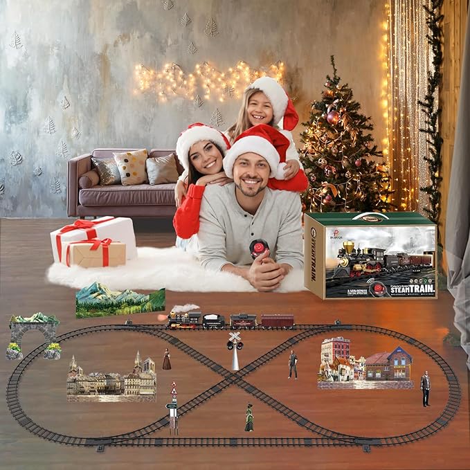 Train Set for Kids Remote Control Train Toys w/Steam Locomotive,Passenger Carriage & Luxury Tracks, Electric Trains w/Realistic Smoke,Sounds & Lights, Christmas Birthday Gift for Boys Girls 3 4 5 6 7