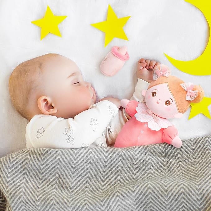 OUOZZZ 10" Soft Baby Doll Set with Plush Doll, Bassinet, Blanket and Bottle, Pretend Playset for Emotional Social Education Doll for 2 Year Olds Girls Christmas Birthday Gift Pink