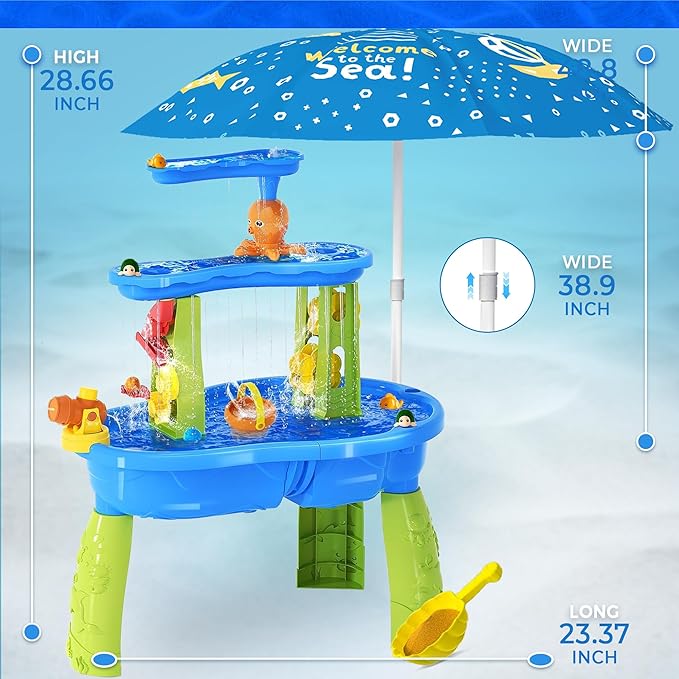 BELLOCHIDDO Water and Sand Table with Water Pumb & Umbrella - Summer Toys 3-Tier Kids Water Play Table, Outdoor Toys for Boys Girls