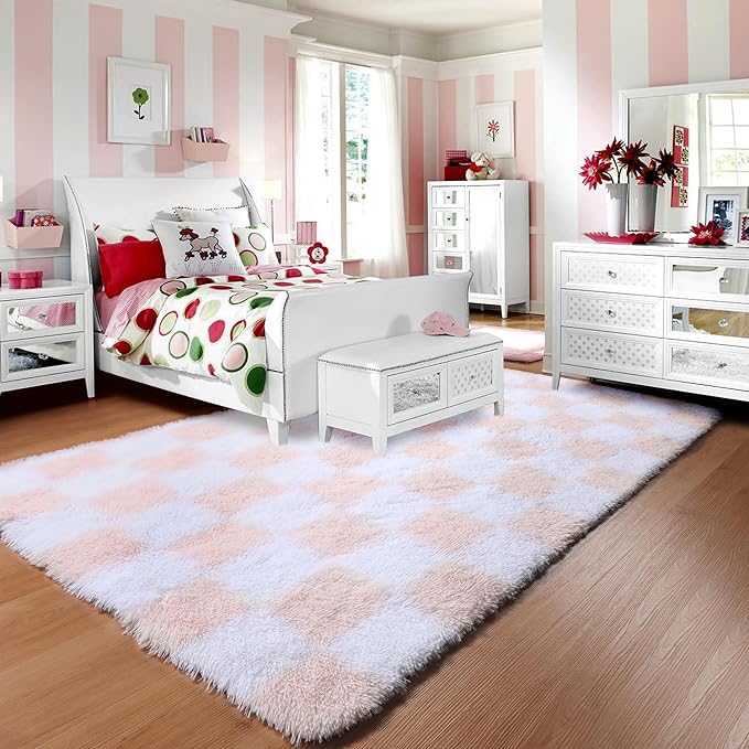 KICMOR 5x8 Area Rugs for Living Room, Light Pink and White Fluffy Shag Large Fuzzy Plush Soft Bedroom Carpets, Indoor Floor Shaggy Checkered Rug for Kids Baby Girls Room Playroom Nursery Home Decor