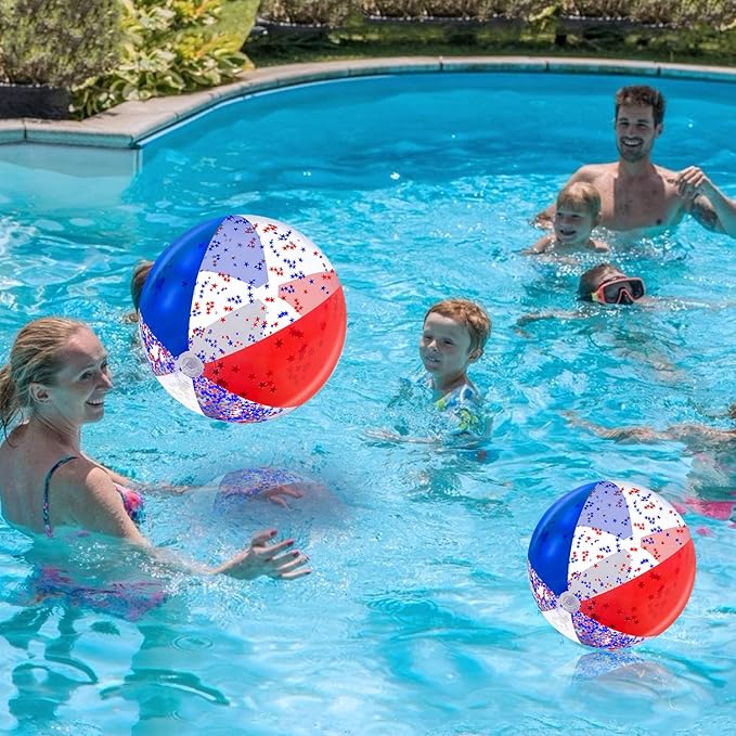 TURNMEON 12 Pack Inflatable Patriotic Beach Ball Bulk 16" Pool Toys Balls with White Red and Blue Stars Glitters Clear Beach Balls Summer Swimming Pool Game Water Beach Toy 4th of July Party