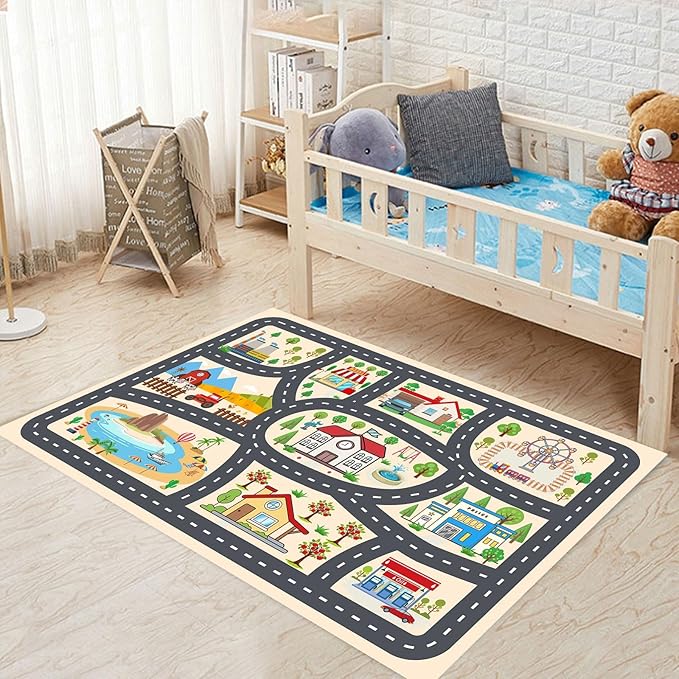 Kids Car Rug Play Mat Carprt for Playroom Classroom, largr Educational Area Rugs with Non-Slip Backing, City Life Play Carpet for Playing Cars Toys Ideal Gift for Children Boy Girl 3.3x4.9ft