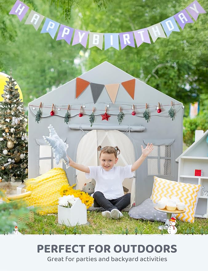 Besrey 2-in-1 Kids Playhouse with Padded Mat and Lights, Large Play Tent with 2 Doors & 4 Windows, Indoor & Outdoor, Toddler Tent, 51" x 35" x 51" (Gray)