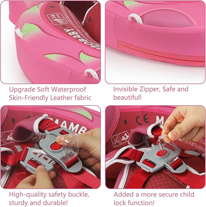 Mambobaby Float Add Tail Baby Swim Float with Canopy Solid Pool Infant Swim Trainer Swimming Training Lying Air Free Water Floats Non-Inflatable Waist Swim Ring for Toddlers (Dragon Fruit)