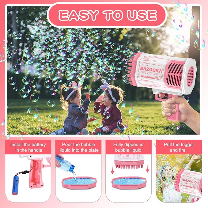 Bubble Machine Gun, 69 Holes Bubble Gun with Lights, Pink Outdoor Summer Beach Kids Bubbles Toys Birthday Wedding Party Fun Gifts for Girls Boys