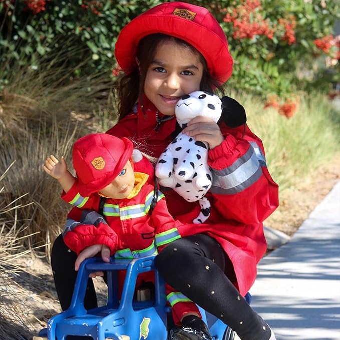 Playtime by Eimmie 18 Inch Doll Clothes - Firefighter Outfit, Matching Hat & Pet Dog Accessories Set - Outfits Fit American, Generation & Similar 18” Girls Dolls - Clothing Sets & Stuff for My Doll