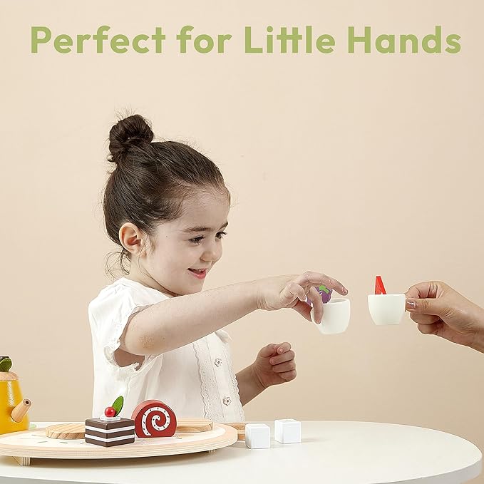 PairPear Wooden Toys Tea Party Set, Toddler Tea Set for Little Girls, Kids Pretend Play Kitchen Accessories, Wooden Play Food Toys Gift for Girls Boys 3 Y+