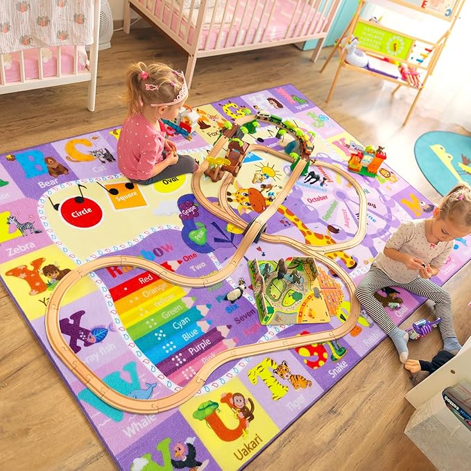 Kids Rugs for Playroom Bedroom Classroom Nursery, Non-Slip and Washable Rugs for Children Toddlers Girls, Educational and Fun Rug Carpets with ABC Alphabet Animals Shapes, 6x9, Purple