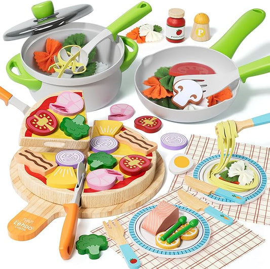 Lehoo Castle Wooden Play Food Sets for Kids Kitchen - Pizza Toy with Pot & Pan, Play Kitchen Accessories, Pretend Cutting Food, Play Dishes & Felt Pasta, Toddler Toys 3-5 Years, Gift for Boys Girls