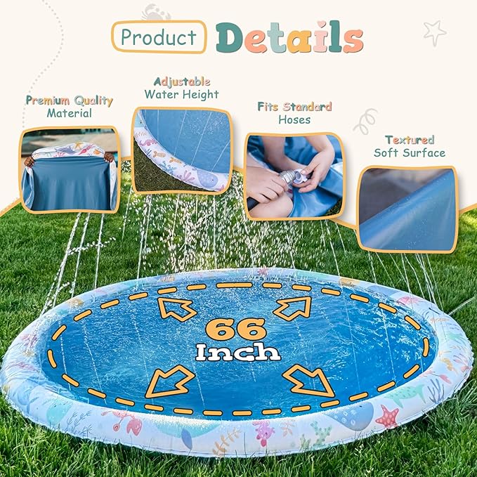 Splash Pad Sprinkler for Kids β Large 66" Non-Slip Pad, Fun Outdoor Water Toy, Toddlers and Children Ages 1-8, Durable Splash Pads for Backyard, Summer Activities, and Playtime, Best Way to Cool Off