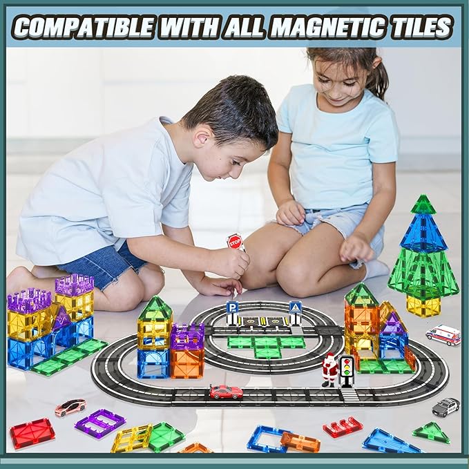 Magnetic Tiles Road Set, Roads Expansion Pack, Magnetic Blocks Building Toys for Toddler, Creative Montessori Toys for 3+ Year Old Boys & Girls, Ideal Gifts for Kids Ages 3-5 5-7